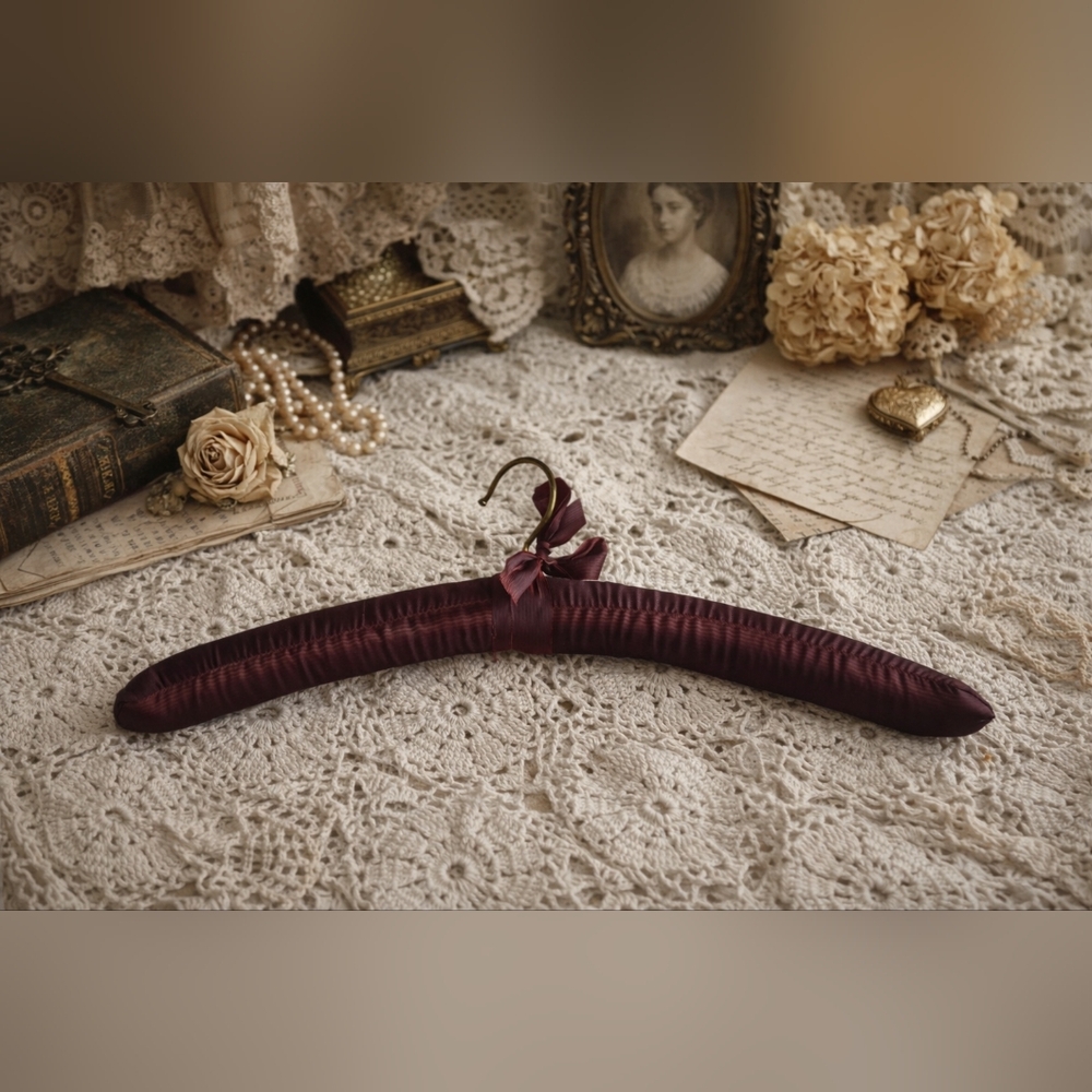 Vintage Burgundy Satin Padded Hanger w Bow | Lingerie Dress Display | Boudoir